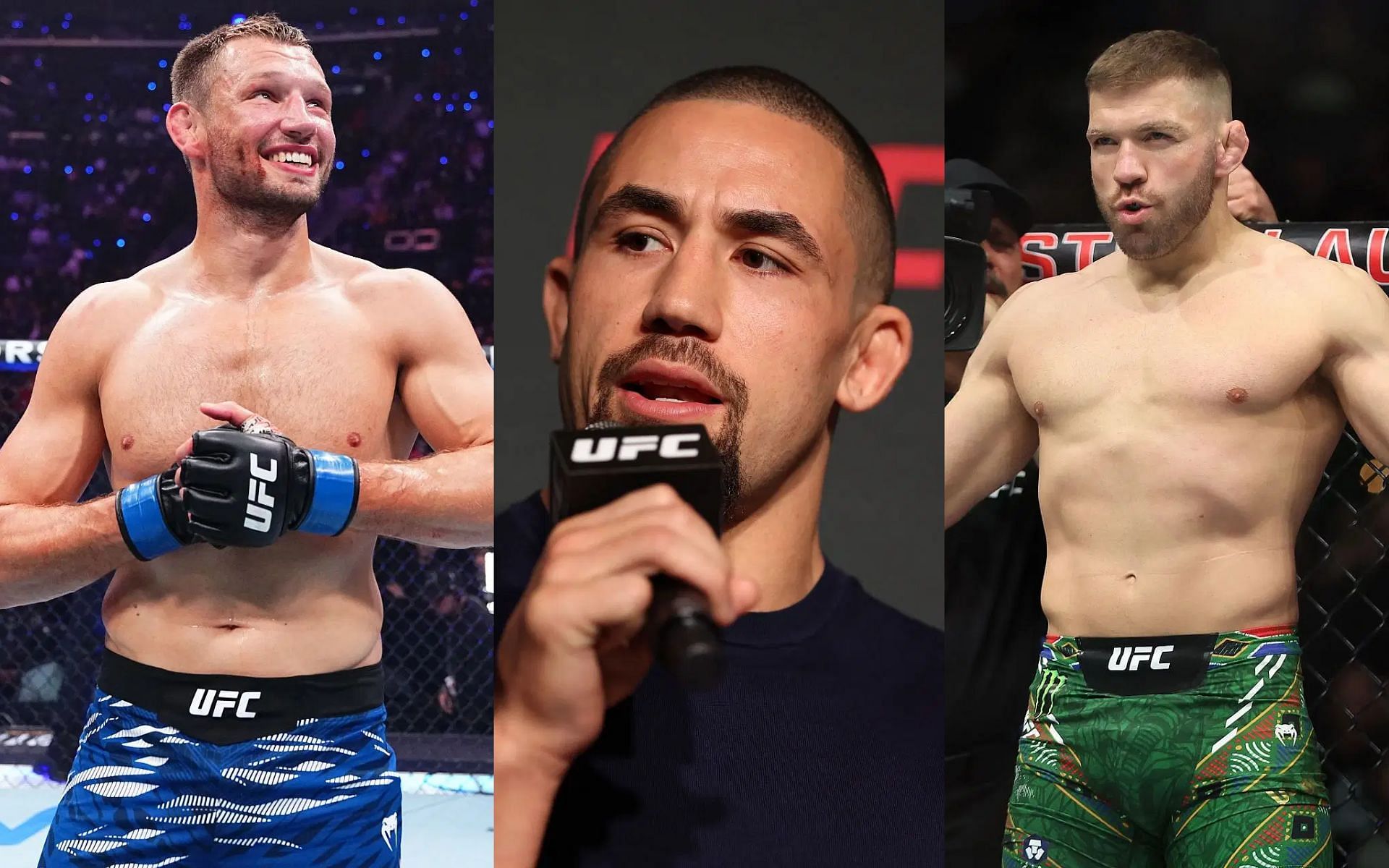 Robert Whittaker (middle) compares upcoming opponent Reinier de Ridder (left) to past opponent Dricus du Plessis (right) [Images courtesy: Getty Images]