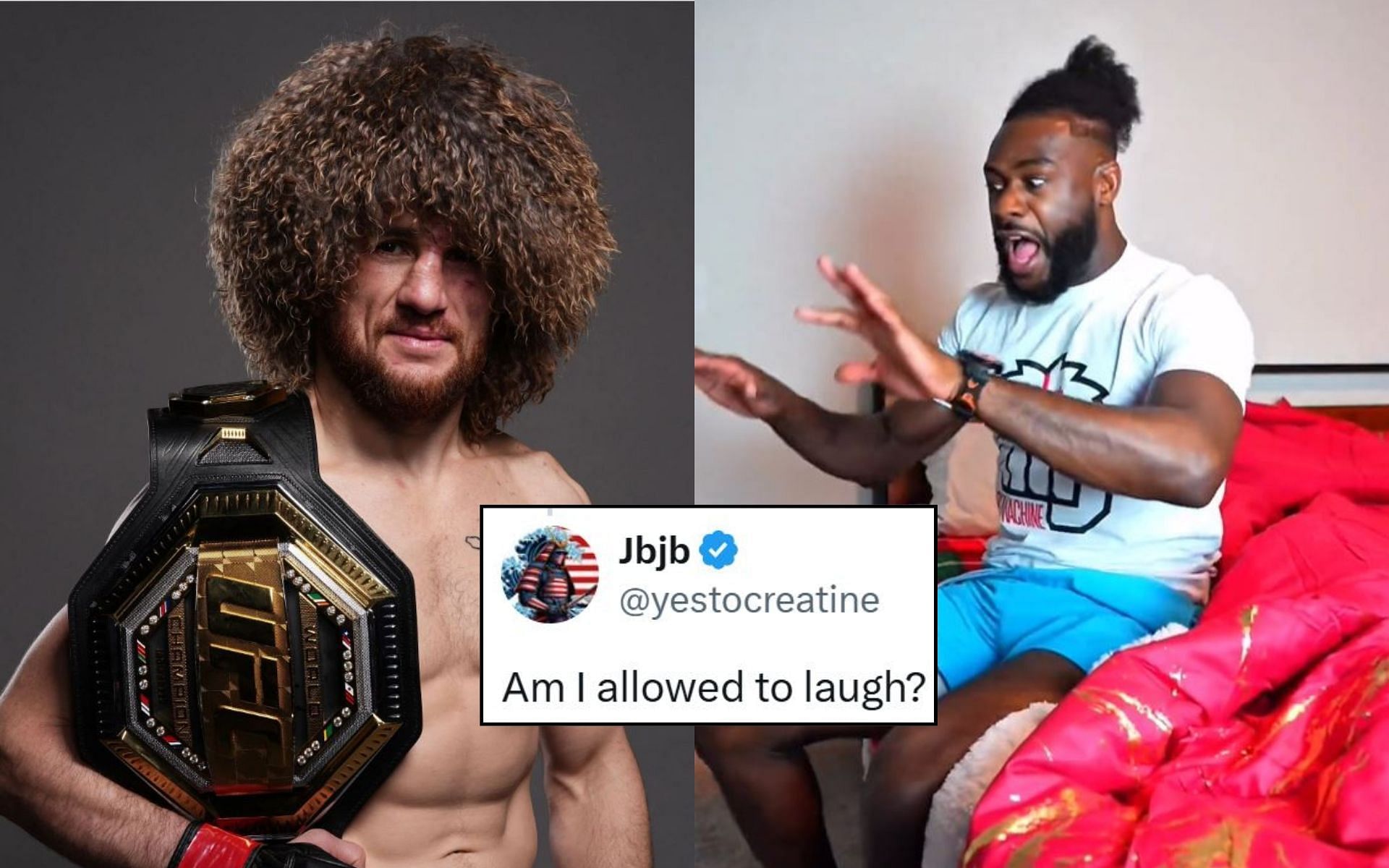 Fans react (insert) to a skit by Merab Dvalishvili (left) and Aljamain Sterling (right). [Images courtesy: @MerabDvalishvil on X, Getty Images]