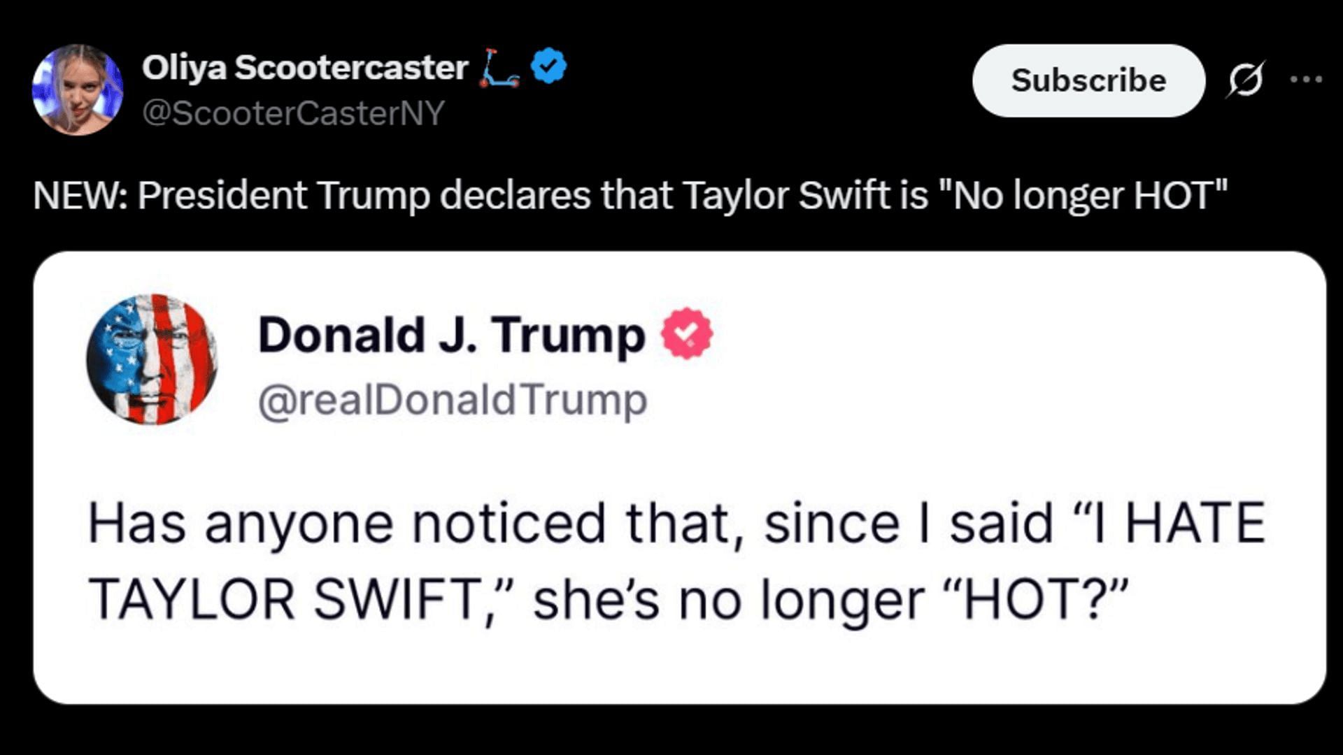 Donald Trump publikuje o Taylor Swift. (Obrázok x x)