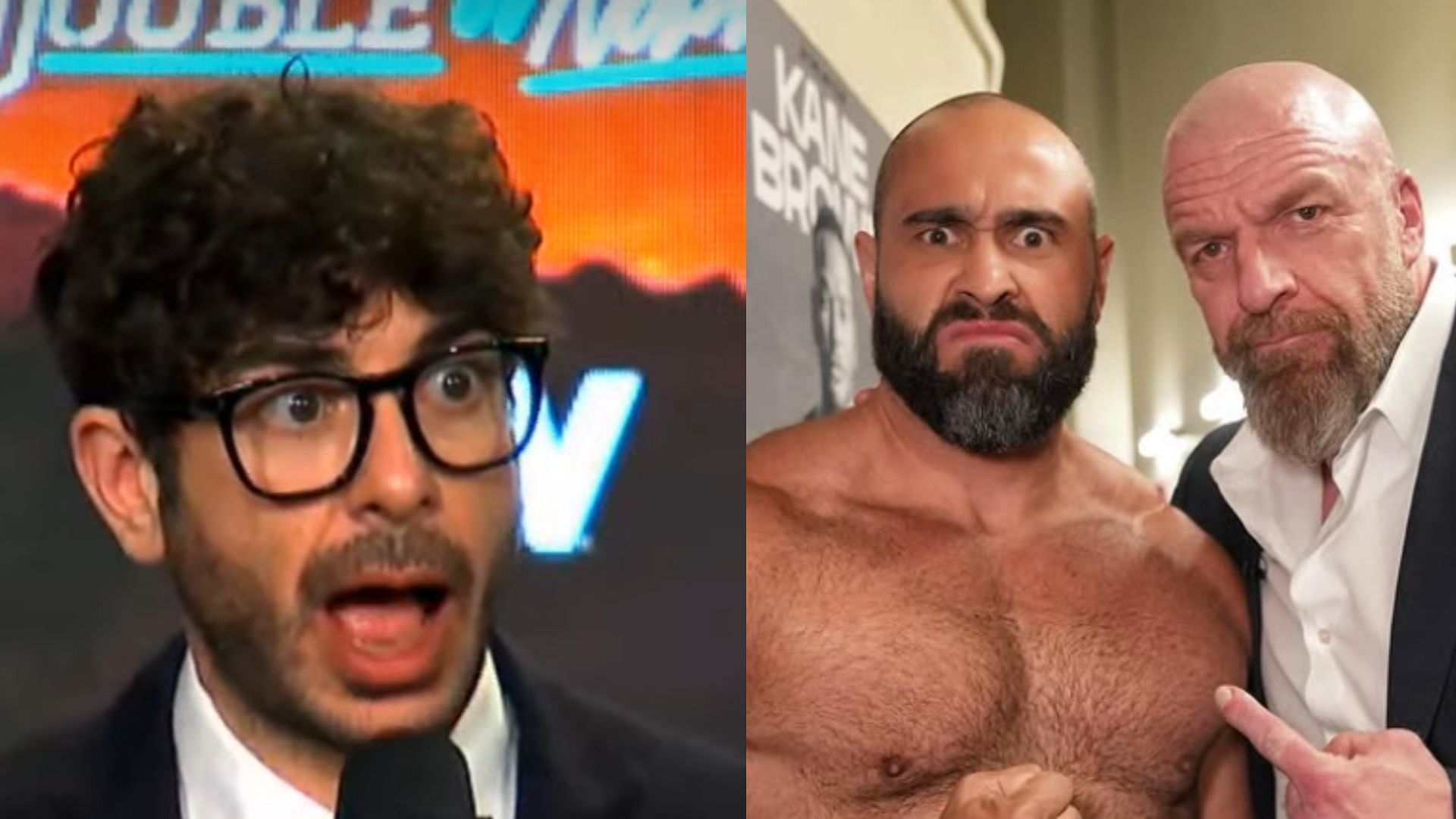 Tony Khan (left) and Rusev &amp; Triple H (right) (Images via AEW YouTube and Rusev