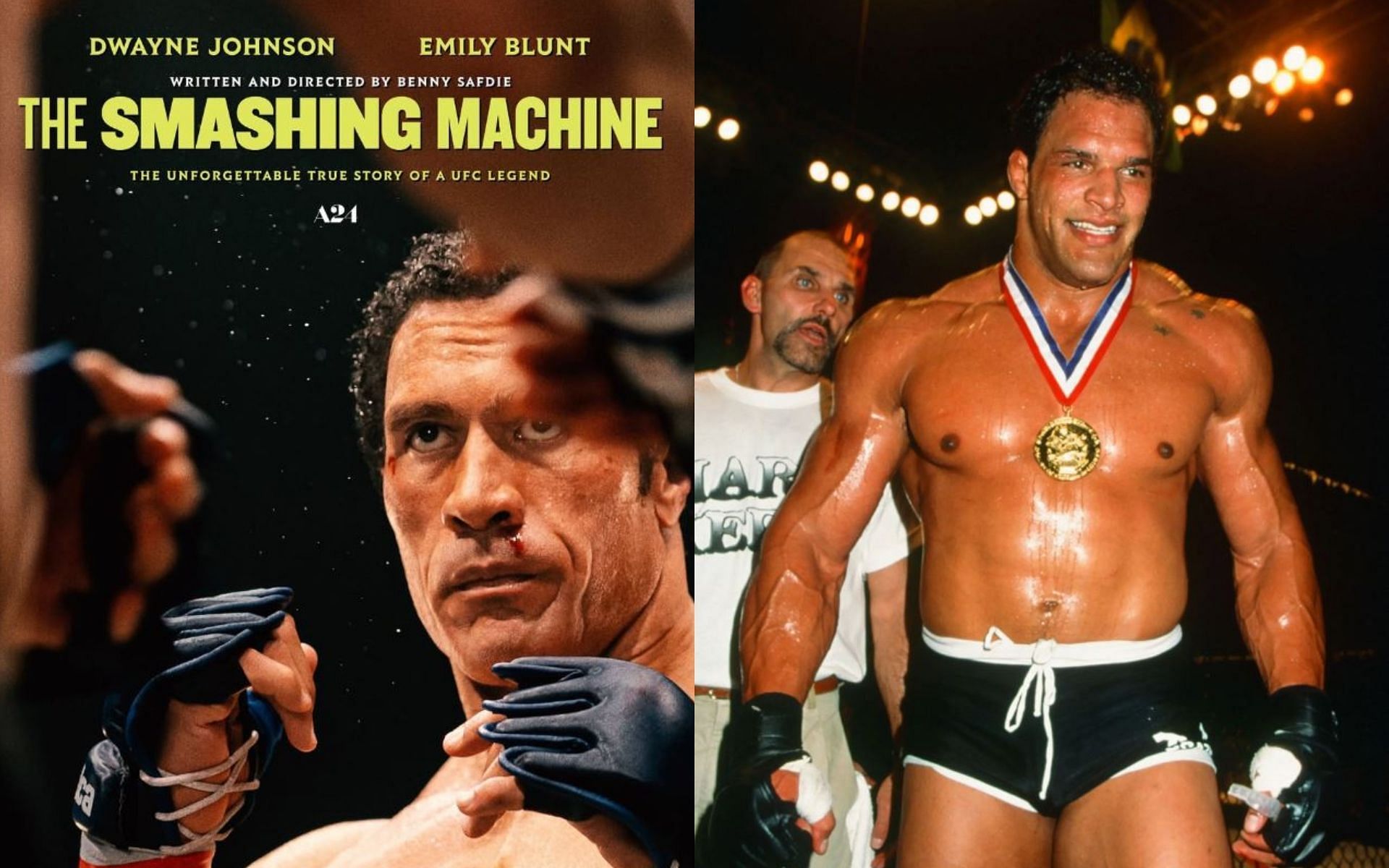 Dwayne Johnson (left) playing as MMA legend Mark Kerr (right) earned high praise from his co-star, MMA legend and real-life friend of Kerr