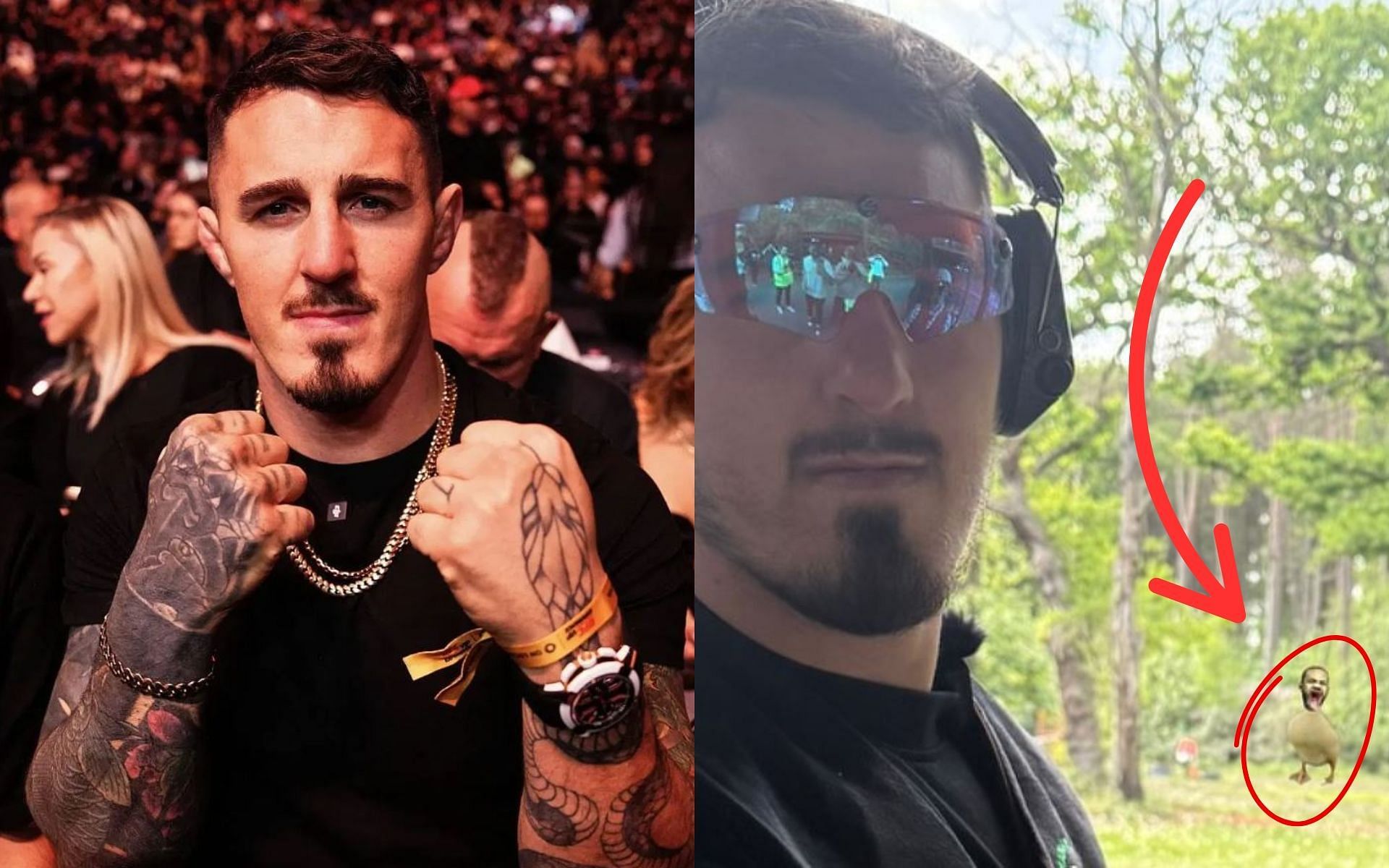 Tom Aspinall (pictured) goes &quot;duck&quot; hunting for Jon Jones (right corner). [Images courtesy: @tomaspinallofficial on Instagram, Getty Images]