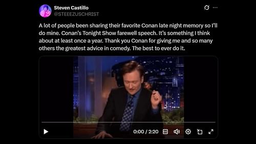 Conan O'Brien delivering his farewell remarks on The Tonight Show in January 2010. (Image via X)