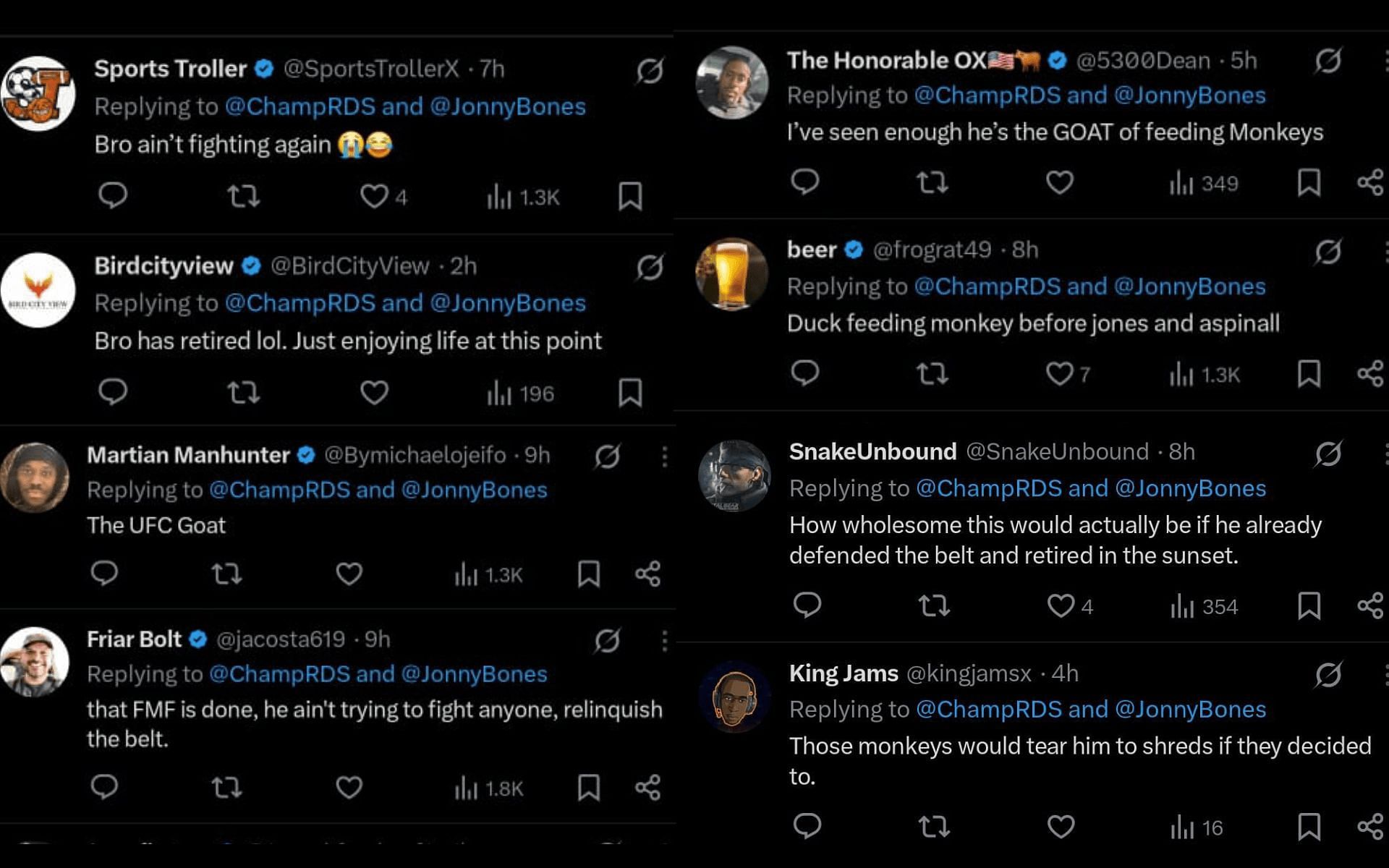 Fans&#039; reaction to Jon Jones&#039; recent activity in Thailand. [Screenshots courtesy: @ChampRDS on X]