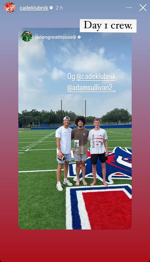 Cade Klubnik and Jaden Greathouse on the football field. - Source: Instagram/@cadeklubnik