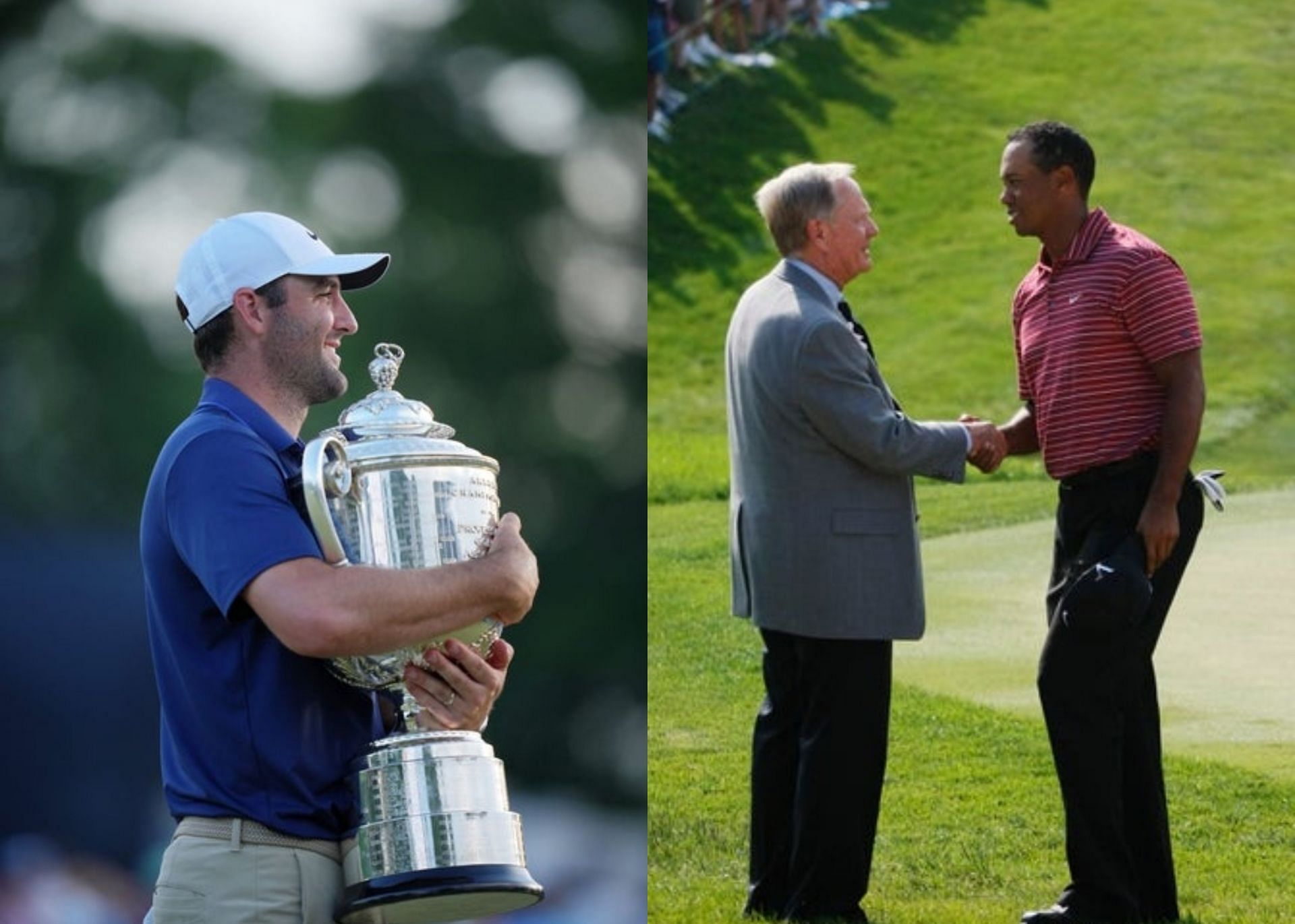 Scottie Scheffler, Jack Nicklaus and Tiger Woods (Image via Imagn)