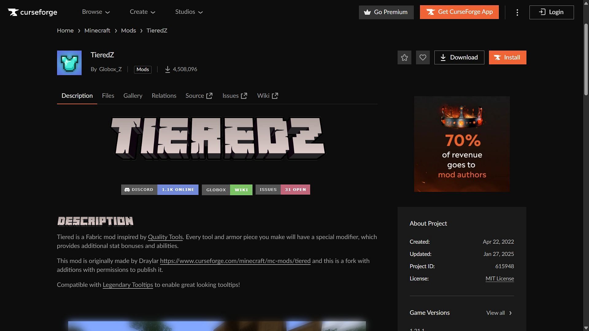 TieredZ can be downloaded from the CurseForge website (Image via CurseForge/Globox_Z)