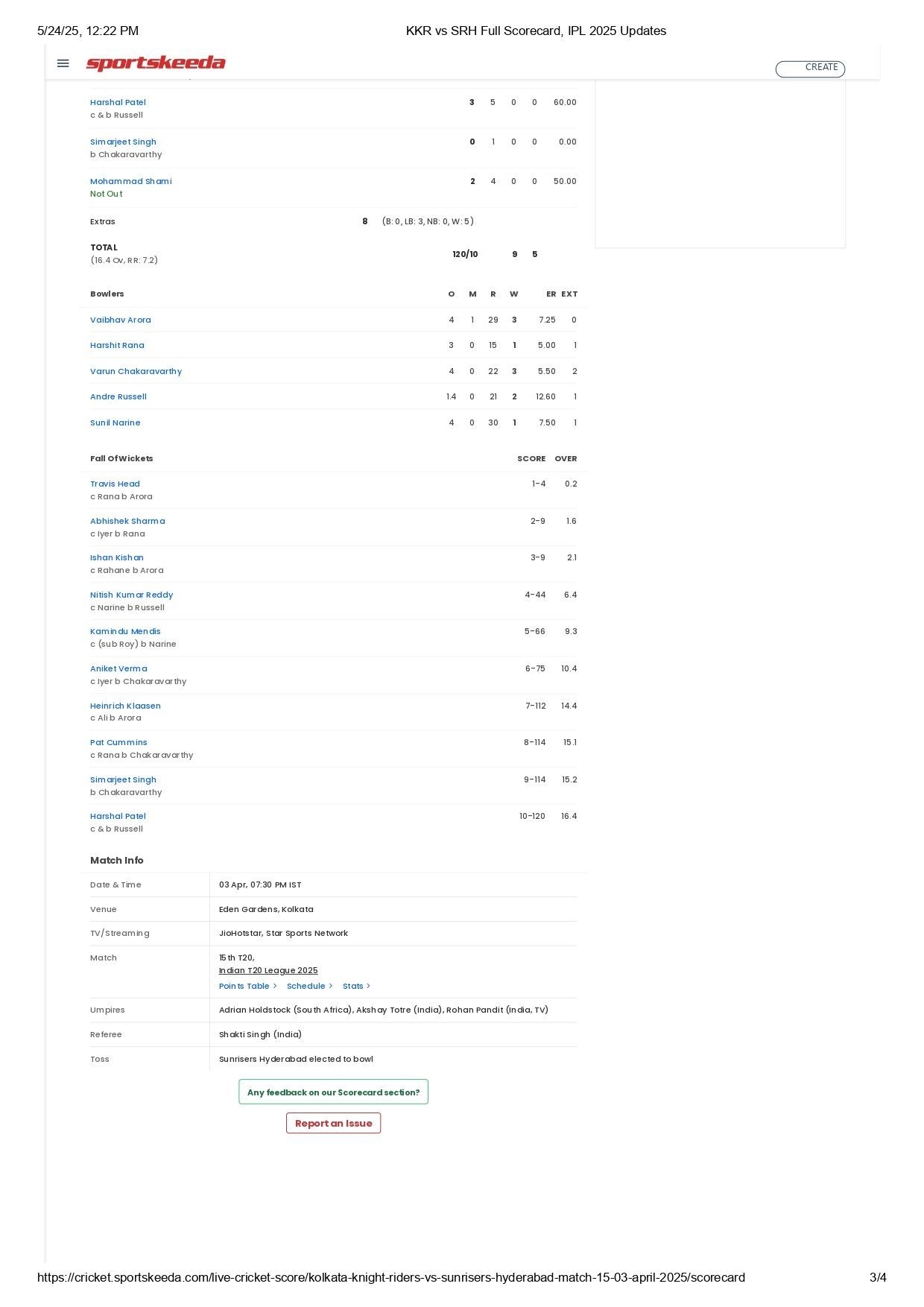 KKR vs SRH IPL 2025 scorecard.