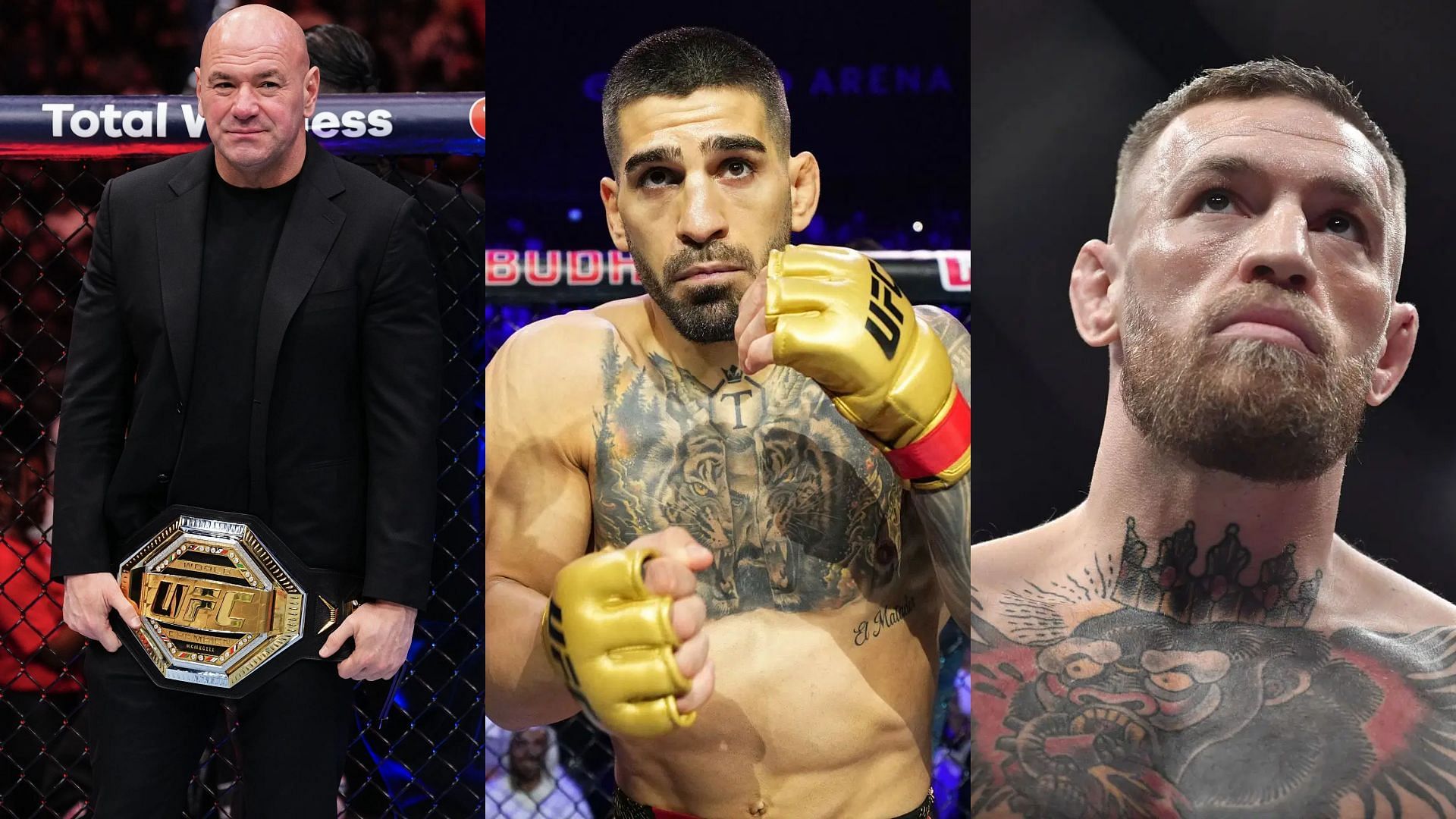 Dana White (left) comments on Ilia Topuria (middle) wanting to fight Conor McGregor (right). [Images courtesy: Getty Images]