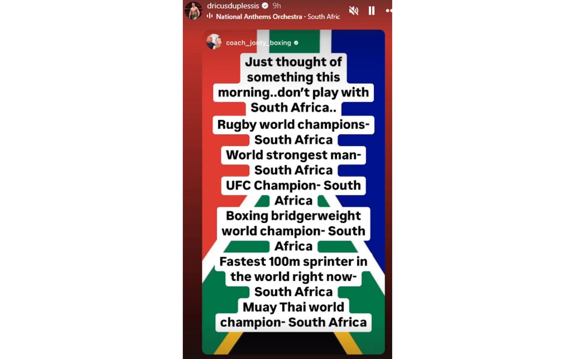 Dricus du Plessis&#039; Instagram story on South African dominance in sports [Image courtesy: @dricusduplessis on Instagram]