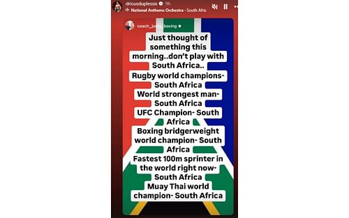Dricus du Plessis' Instagram story on South African dominance in sports [Image courtesy: @dricusduplessis on Instagram]