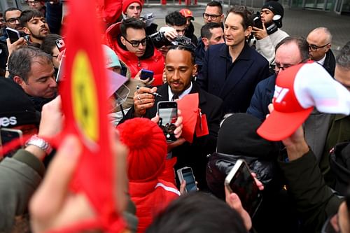 Sir Lewis Hamilton greets fans on his first day as a Scuderia Ferrari F1 driver. Source: Getty