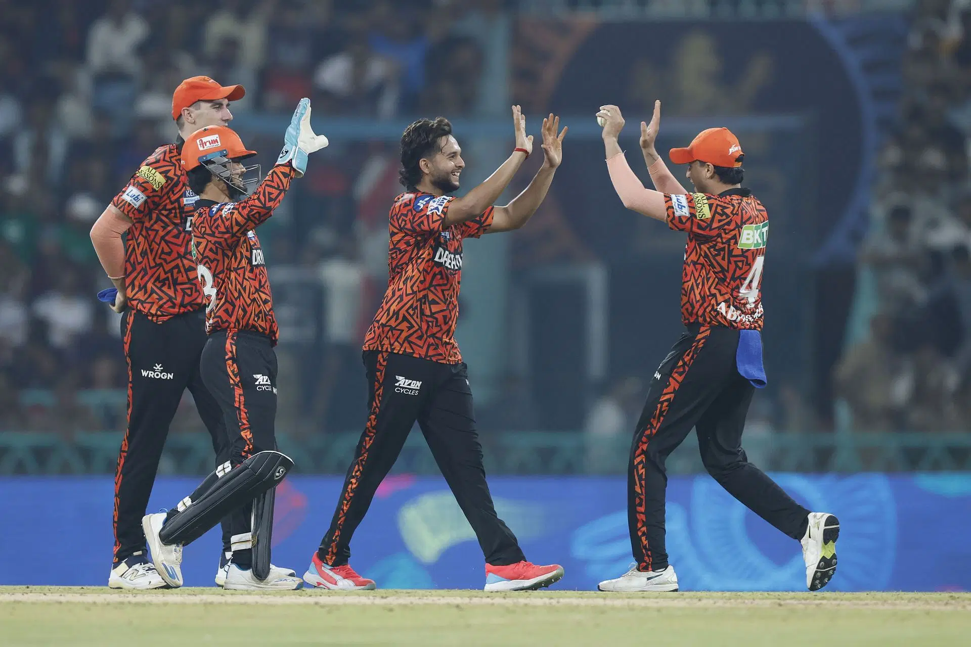 Harsh Dubey celebrates picking a wicket for SRH. Source: Getty