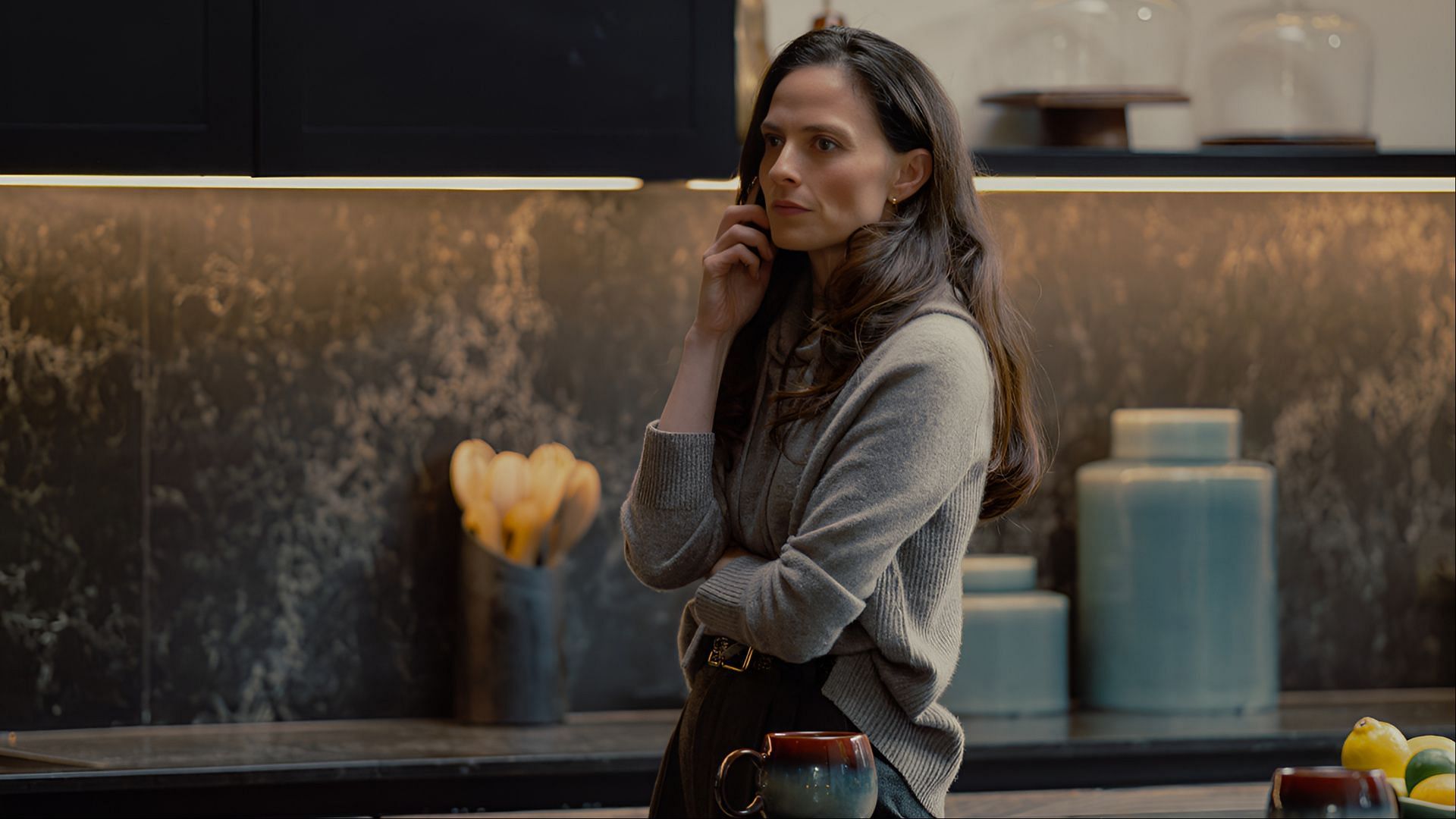 Lara Pulver as Bella Harrigan in a tense moment from MobLand, navigating personal and political conflicts. (Image via Paramount)
