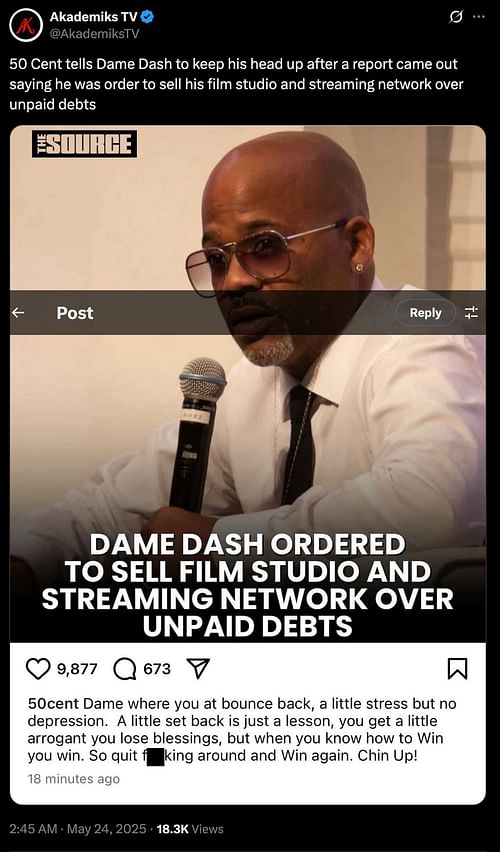 50 Cent shares a message for Dame Dash (Image via X/@AkademiksTV)