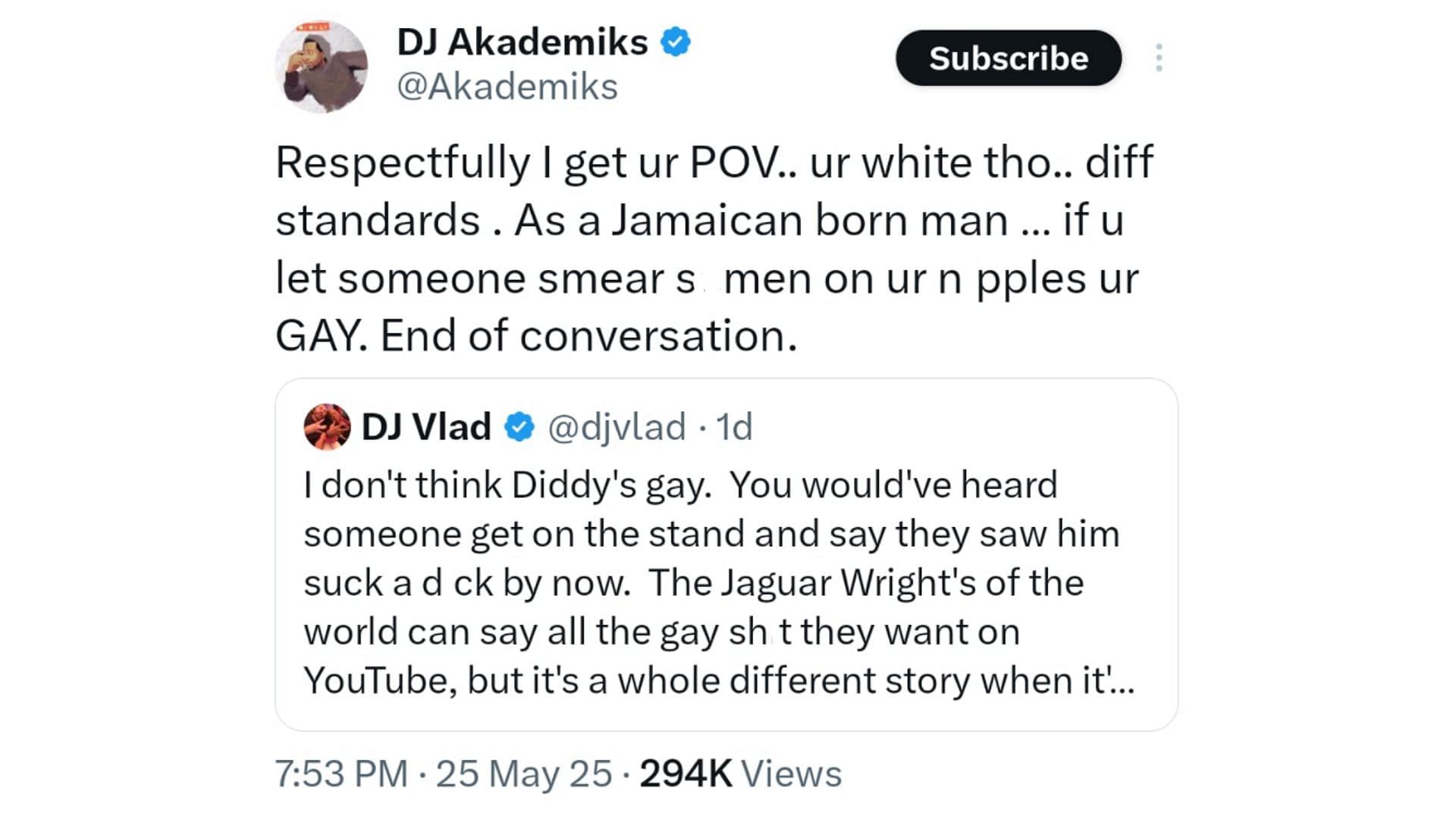 DJ Akademiks reacts to DJ Vlad&#039;s tweet about Diddy (Image via X/@Akademiks, @djvlad)