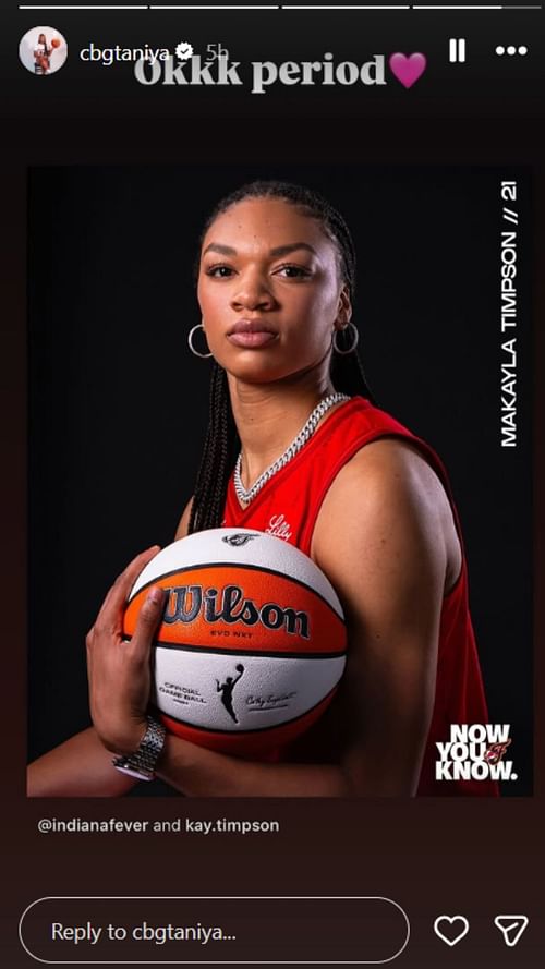 Latson reposts Timpson's image in Indiana Fever jersey | via @cbgtaniya / Instagram