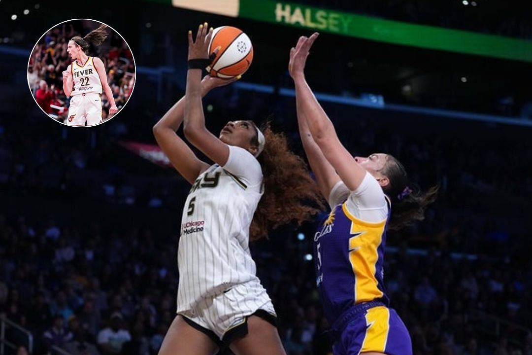 Dearica Hamby challenges for the ball with Angel Reese during the Sparks