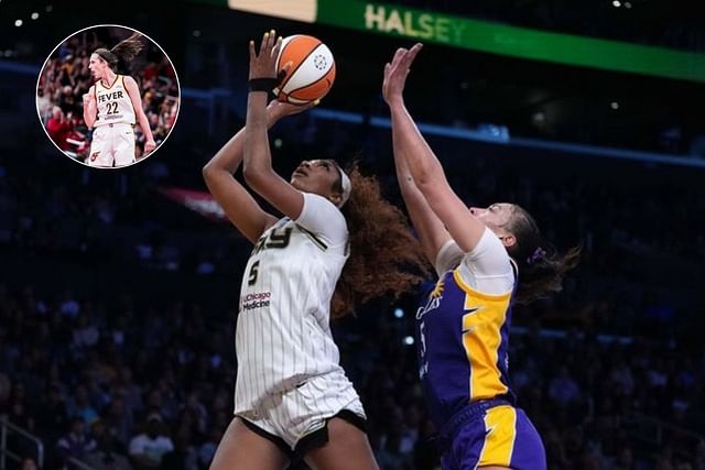 Dearica Hamby challenges for the ball with Angel Reese during the Sparks