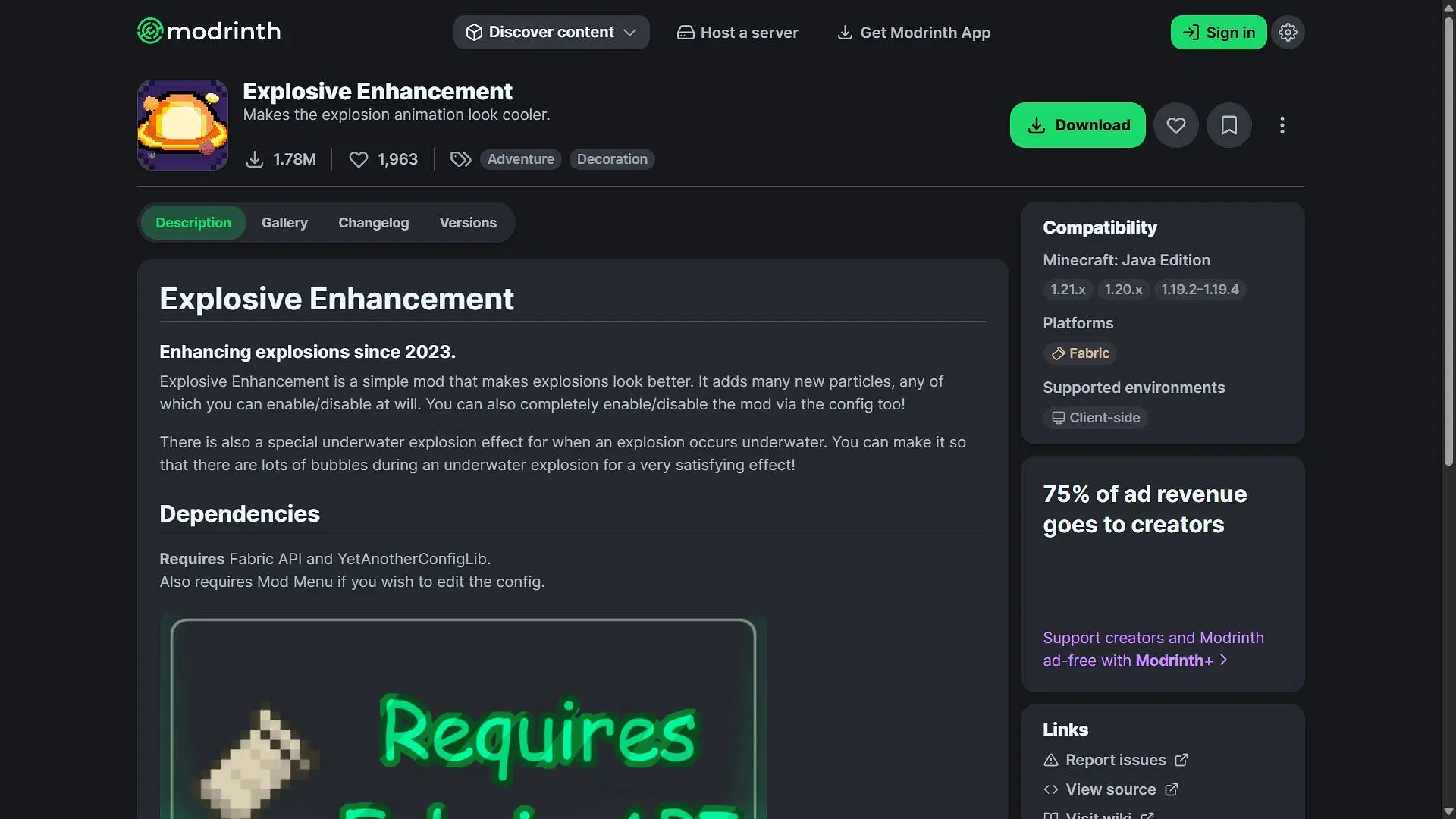 Explosive Enhancement can be downloaded from Modrinth (Image via Modrinth/@Superkat32)