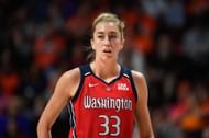 Washington Mystics guard Lucy Olsen (#33) looks on during a WNBA game between the Washington Mystics and the Connecticut Sun on May 18, 2025, at Mohegan Sun Arena in Uncasville, CT. Photo: Getty