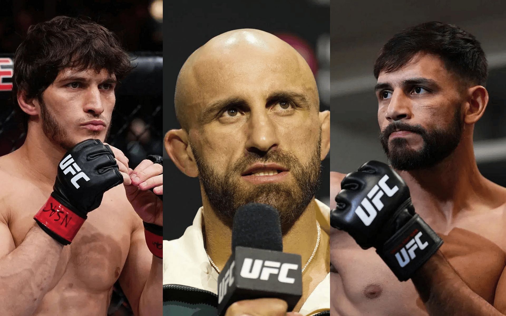 Alexander Volkanovski (middle) shares his thoughts on Movsar Evloev (left) and Yair Rodriguez (right) as potential opponents. [Images courtesy: Getty]