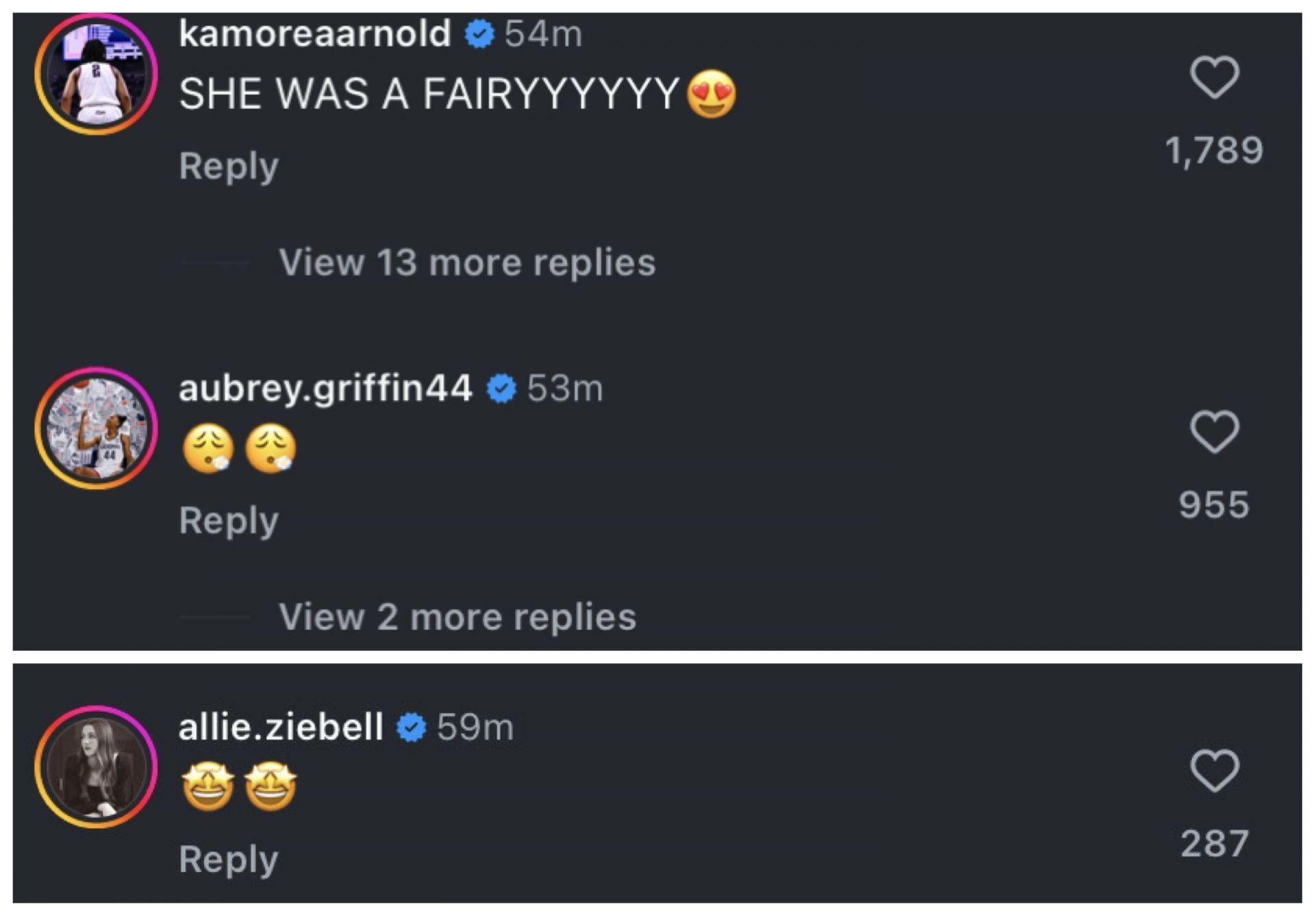 Kamorea Arnold,Aubrey Griffin &amp; Allie Ziebell react to Paige Bueckers&#039; IG photos. Image via @paigebueckers