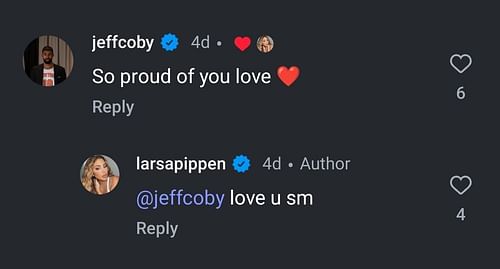 Jeff Coby's comment on Pippen's promotional video for the new app (Credits: @@larsapippen Instagram)