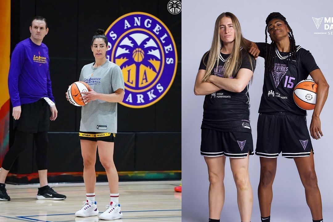Kelsey Plum in training with the LA Sparks, Kate Martin and Tiffany Hayes on Media day