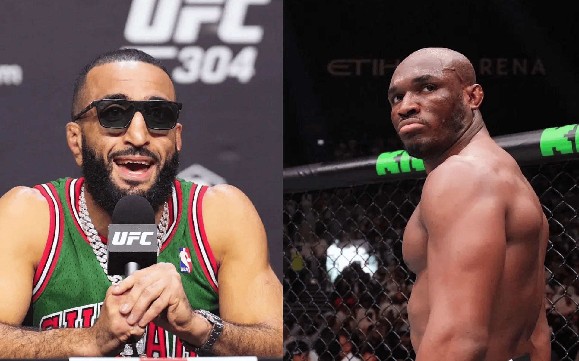 Belal Muhammad (left) reacts to Kamaru Usman