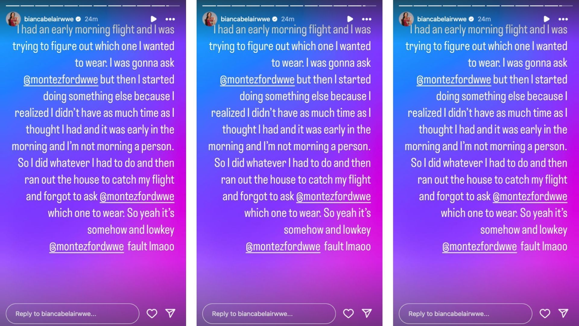 Belair explained a recent wardrobe mishap today on social media. [Image credit: Bianca Belair&#039;s Instagram story]