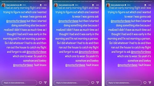Belair explained a recent wardrobe mishap today on social media. [Image credit: Bianca Belair's Instagram story]