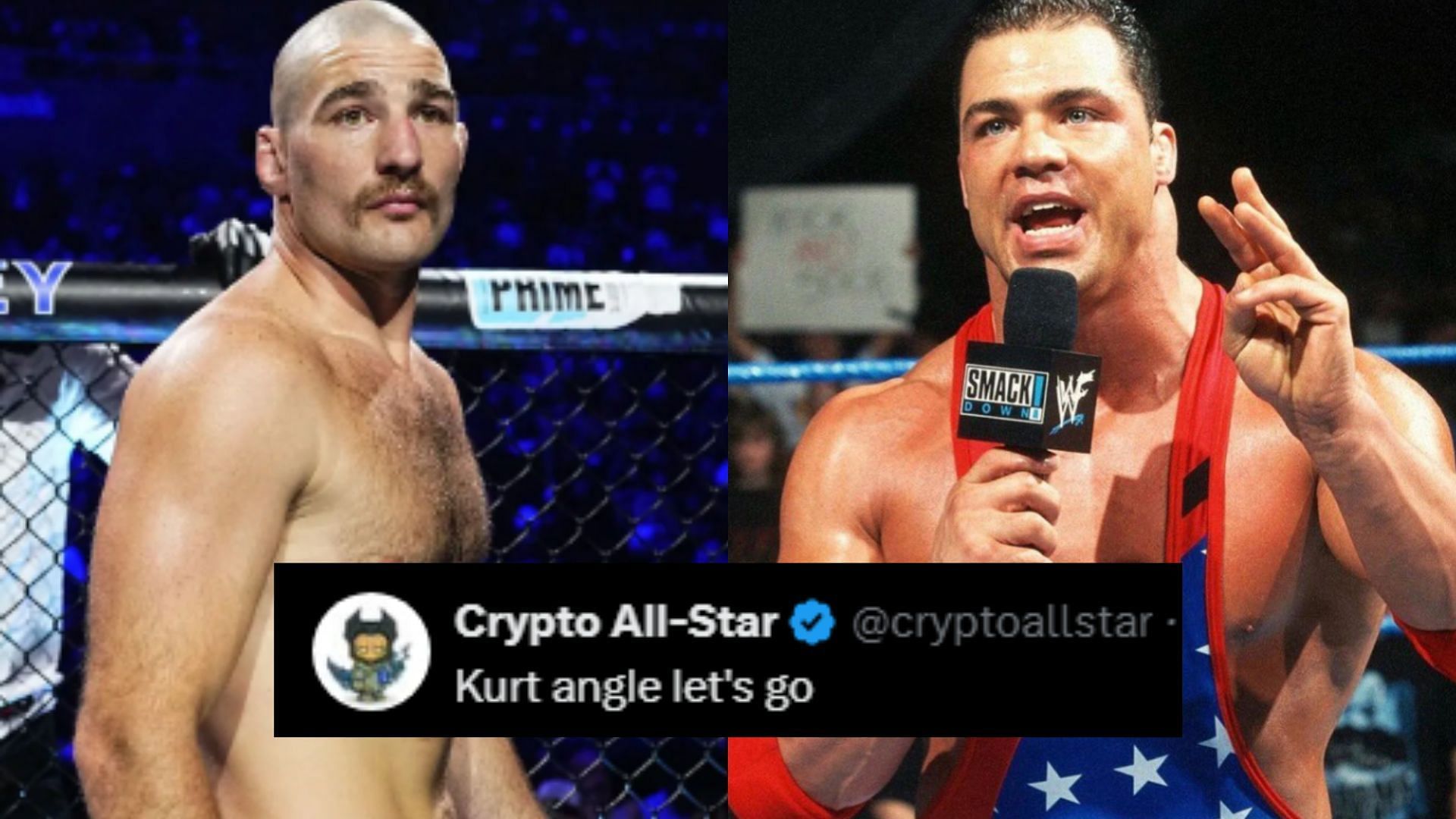Fans compare Sean Strickland (left) to Kurt Angle (right) after latest weigh-in [Images courtesy of Getty Images &amp; @realkurtangle on X]