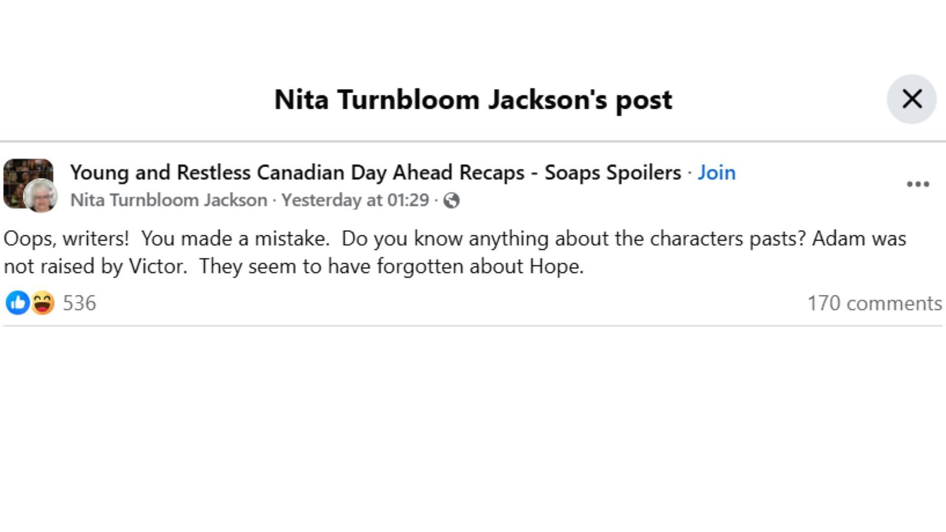 The Original Post by the fan (Image via Facebook/ @Nita Turnbloom Jackson)