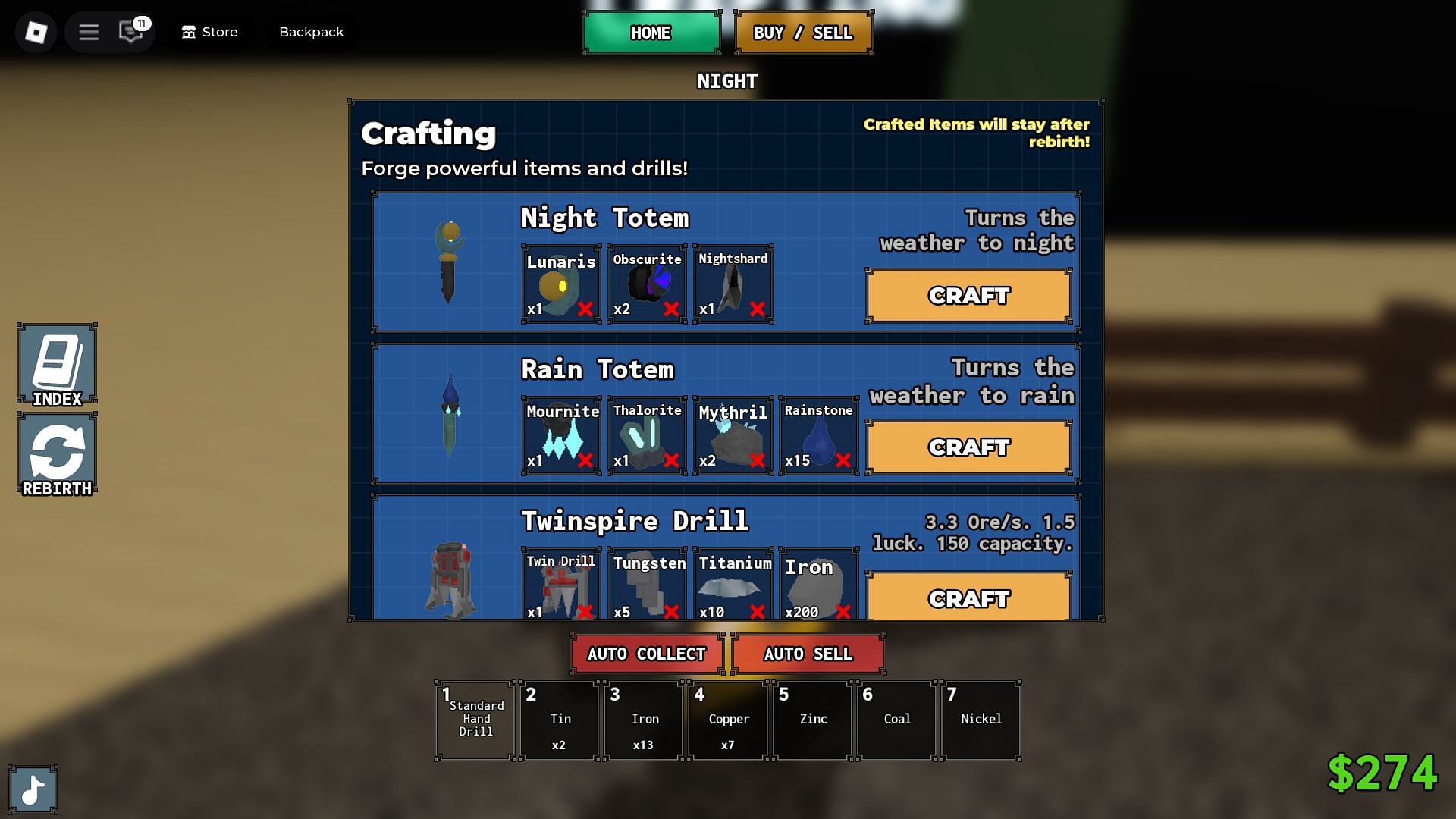 Crafting menu (Image via Roblox)