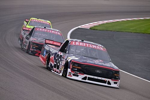 Ty Majeski (#98), Ben Rhodes (#99), and Matt Crafton (#88) during NASCAR Truck practice. Source: Getty