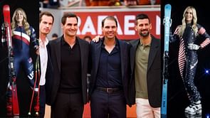 Lindsey Vonn and Mikaela Shiffrin react as Roger Federer, Novak Djokovic and Andy Murray pay tribute to Rafael Nadal during emotional farewell