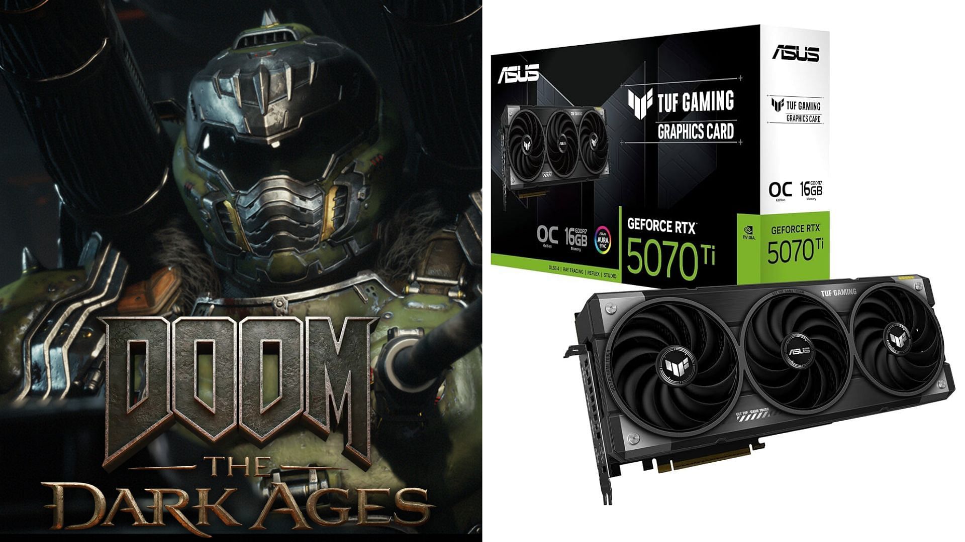 The Nvidia RTX 5070 and 5070 Ti can handle DOOM: The Dark Ages at 4K (Image via Bethesda and Amazon)