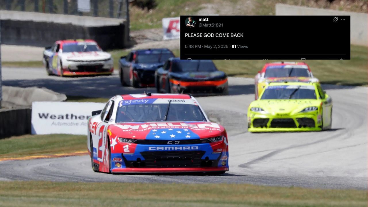 Sheldon Creed (2) navigates the Mitchell Bend at the NASCAR Xfinity Series Henry 180 at Road America, Saturday, July 2, 2022 (main) and fan reaction tweet (insert) - Images via Imagn and X