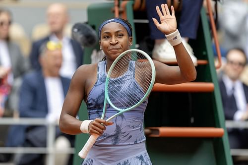 Coco Gauff celebrates her first-round win at the 2025 French Open (Source: Getty)
