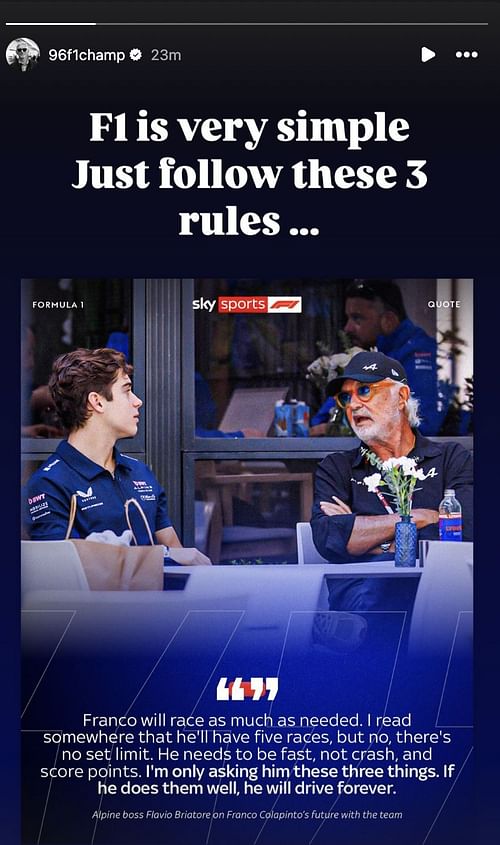 Damon Hill's IG Story [Image Source: @96f1champ/Instagram]