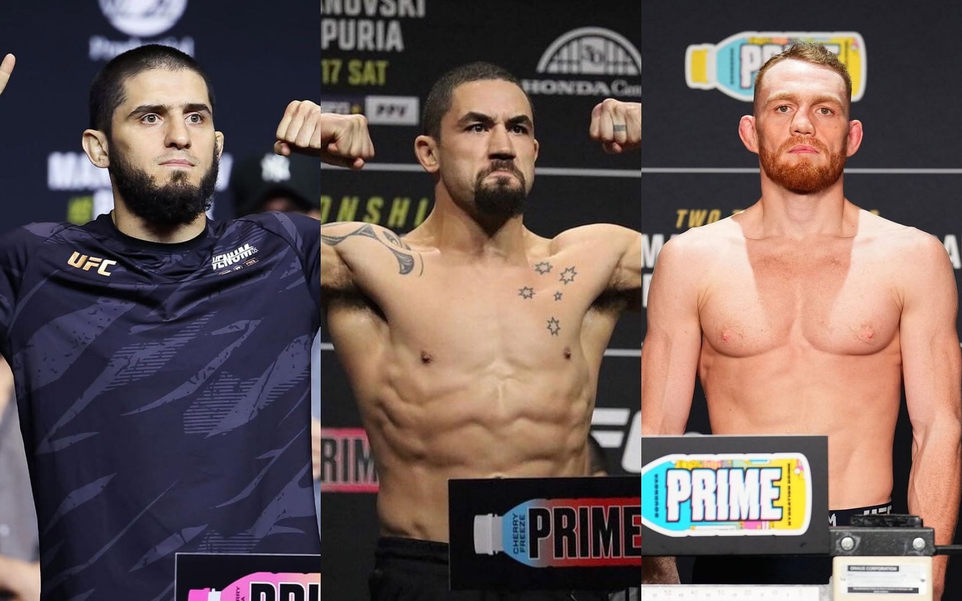 Robert Whittaker (center) discusses the potential Islam Makhachev (left) vs. Jack Della Maddalena (right) contest. [Images courtesy: @islam_makhachev, @robwhittakermma and @ufc on Instagram]