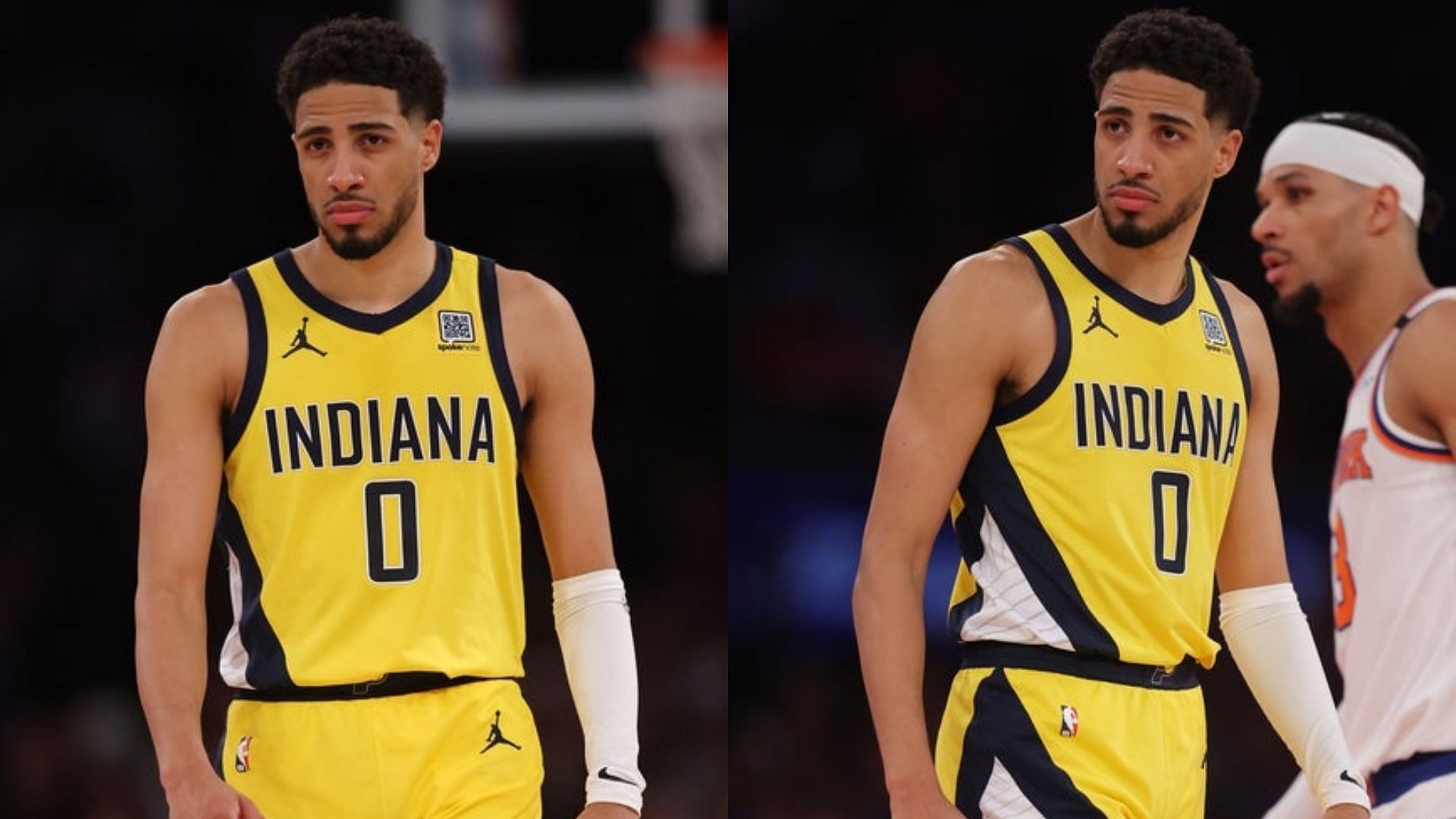Tyrese Haliburton in action for the Indiana Pacers; Tyrese Haliburton and Josh Hart. Source: Imagn