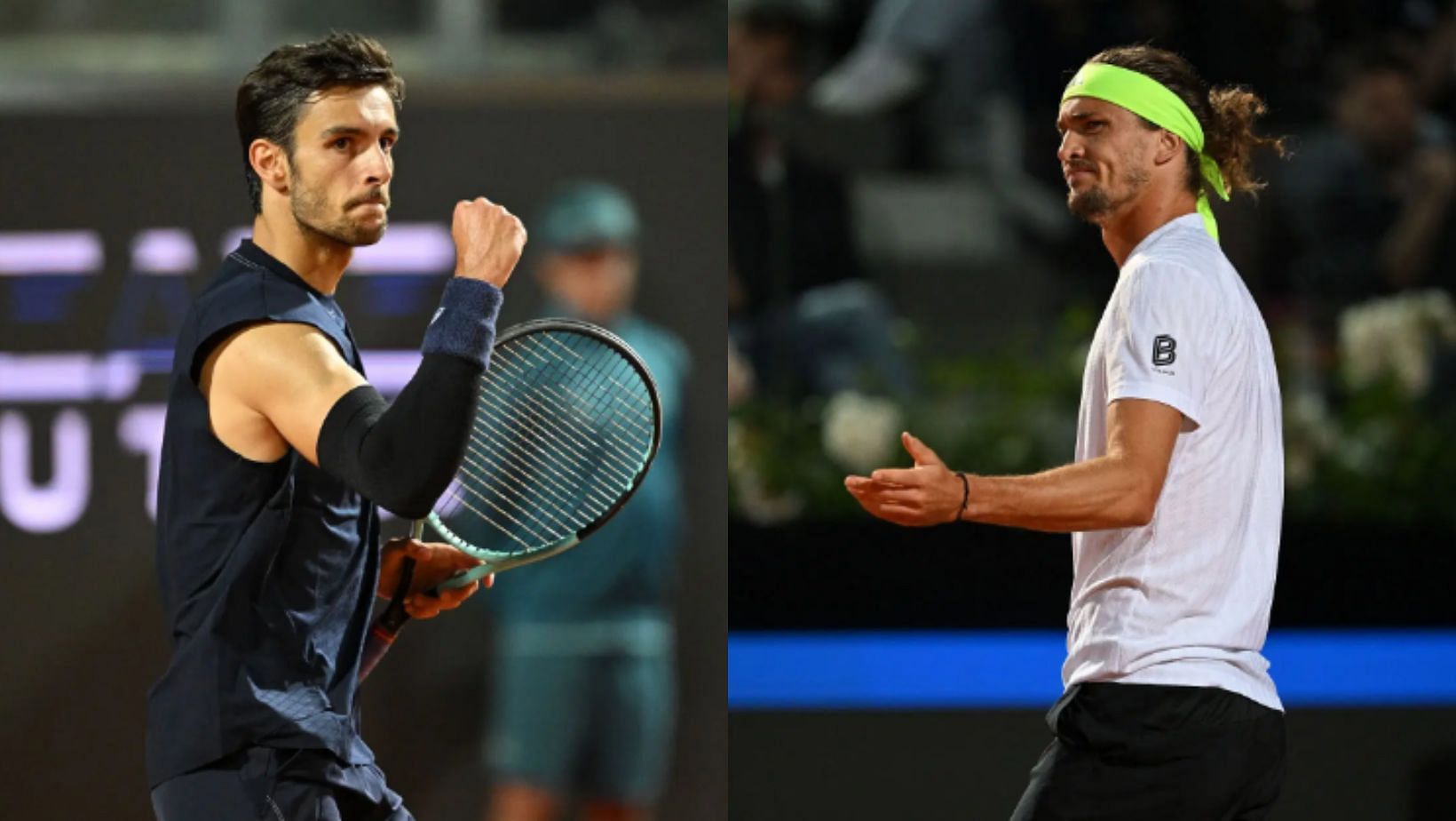 Lorenzo Musetti reacts to Alexander Zverev