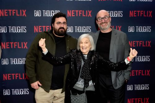 Rami Hachache, Rosario "Charo" Lazarte, and Tom Segura attend the premiere of Tom Segura's Netflix Series "Bad Thoughts" at Braindead Studios on May 06, 202,5, in Los Angeles, California. (Image via Getty)