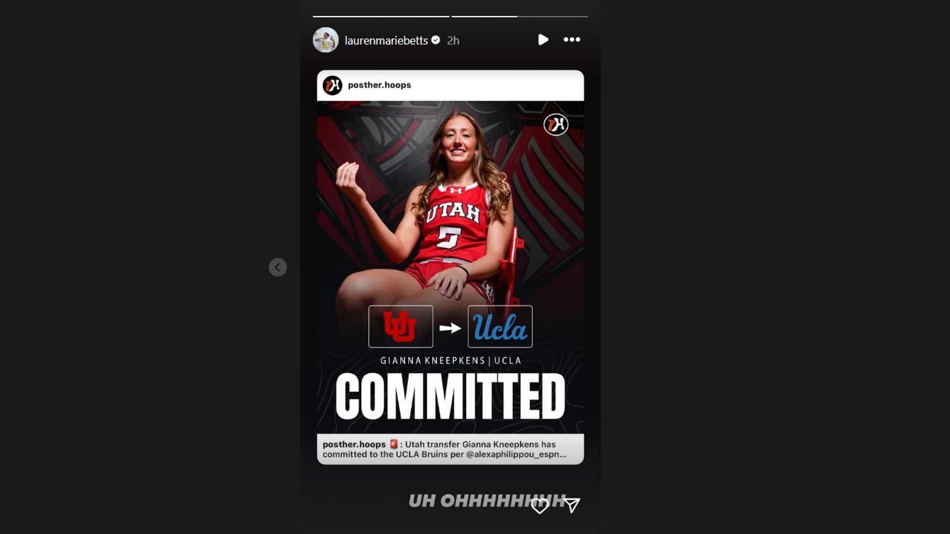 UCLA star Lauren Betts drops 2-word reaction as Gianna Kneepkens joins the Bruins squad from Utah. Credit: IG/@laurenmariebetts