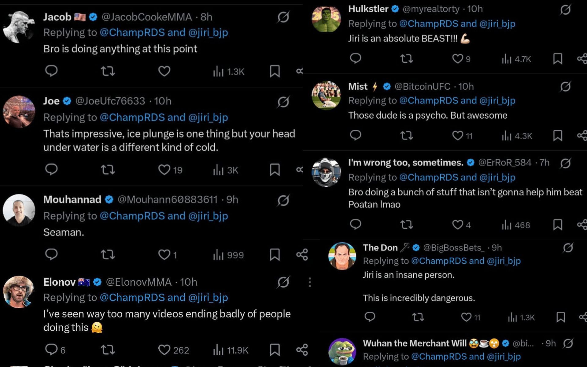 Fans&#039; reaction to Jiri Prochazka&#039;s latest swimming video. [Screenshots courtesy: @ChampRDS on X]