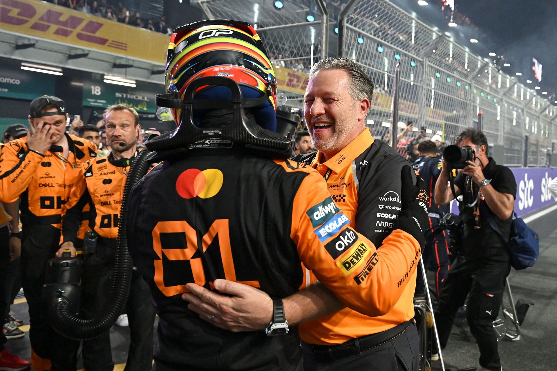 Oscar Piastri and Zak Brown celebrate in parc ferme during the F1 Grand Prix of Saudi Arabia at Jeddah Corniche Circuit on April 20, 2025 - Source: Getty