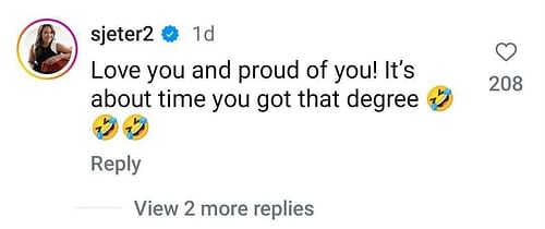 Sharlee Jeter commented on Derek's social media post about receiving his honorary degree from the University of Michigan (Photo Source: Instagram)