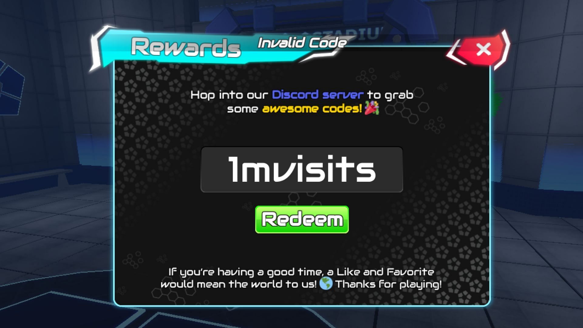 The &quot;Invalid Code&quot; error in Project Egoist (Image via Roblox)